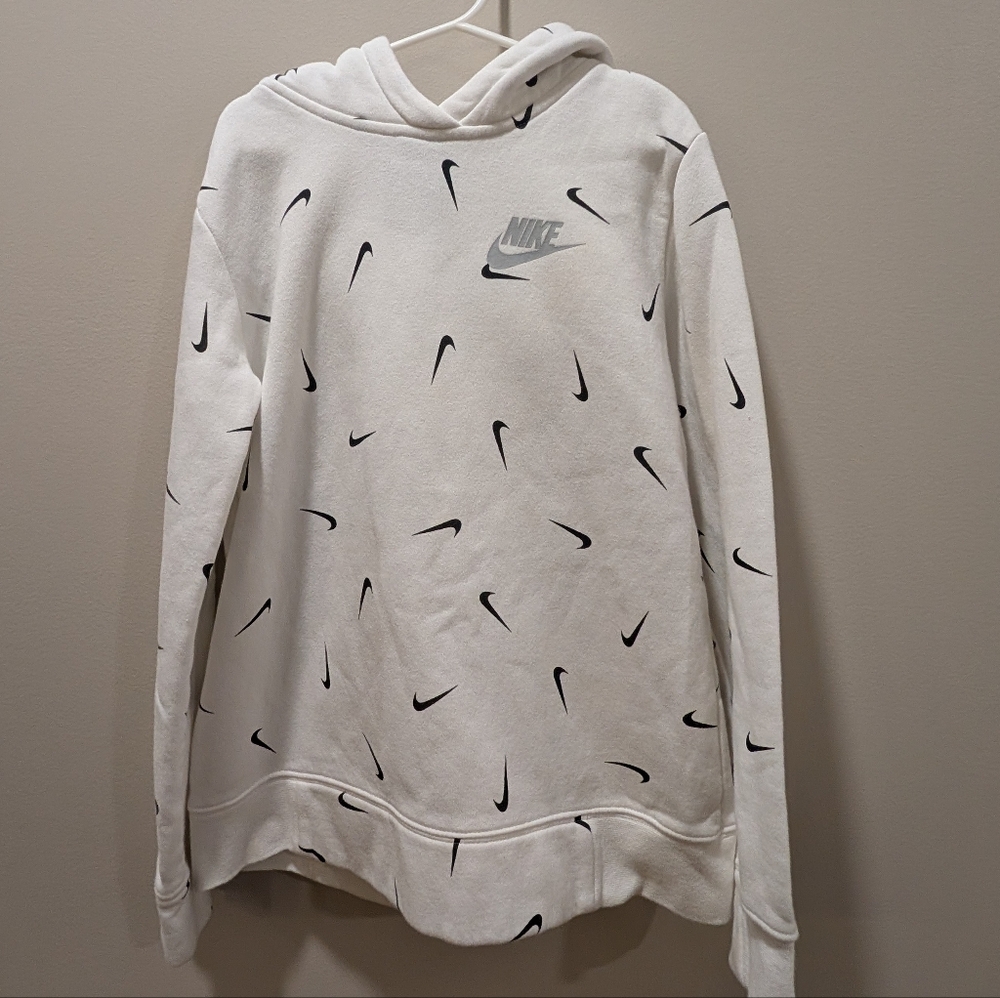 Nike White Hoodie with Black Swoosh Pattern Size Medium Streetwear Stylish Drip
